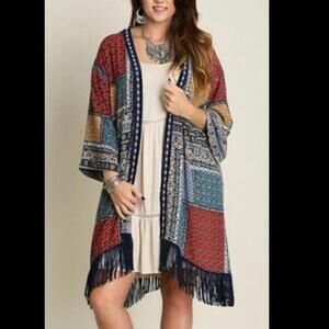 Umgee Open Fringe Hem Cardigan Kimono Patchwork Mix Print Size M/L